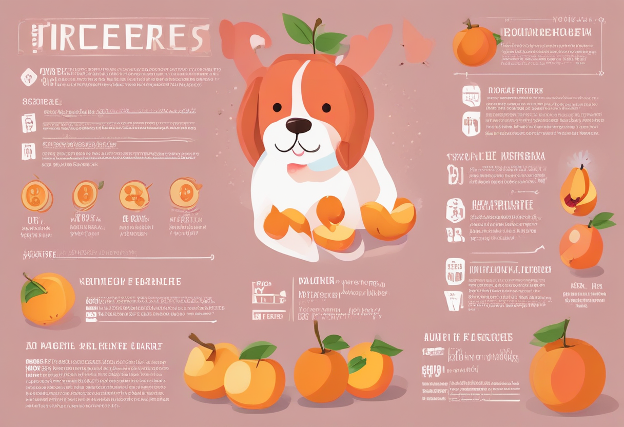 Infographic showing nutritional benefits of peaches for dogs, with cute dog illustrations, vector style