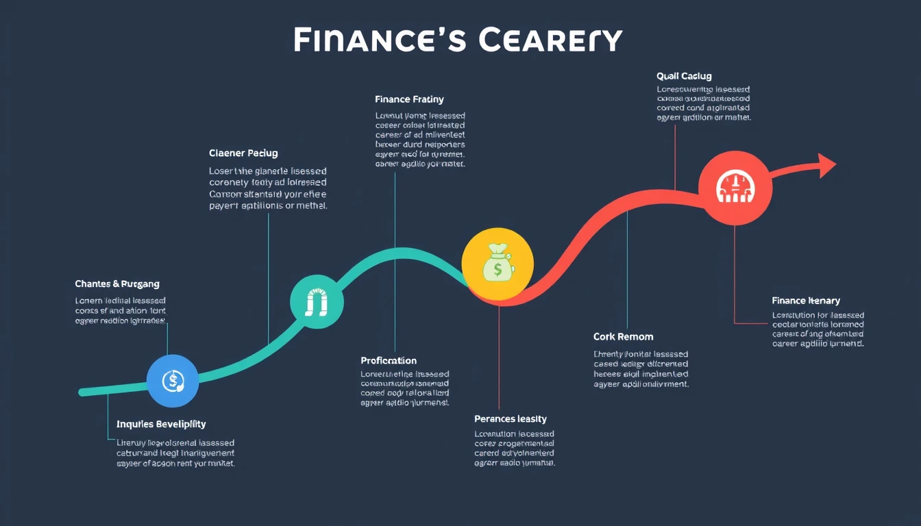 Infographic showing various career paths in finance, insurance, and banking, with icons representing different roles and milestones