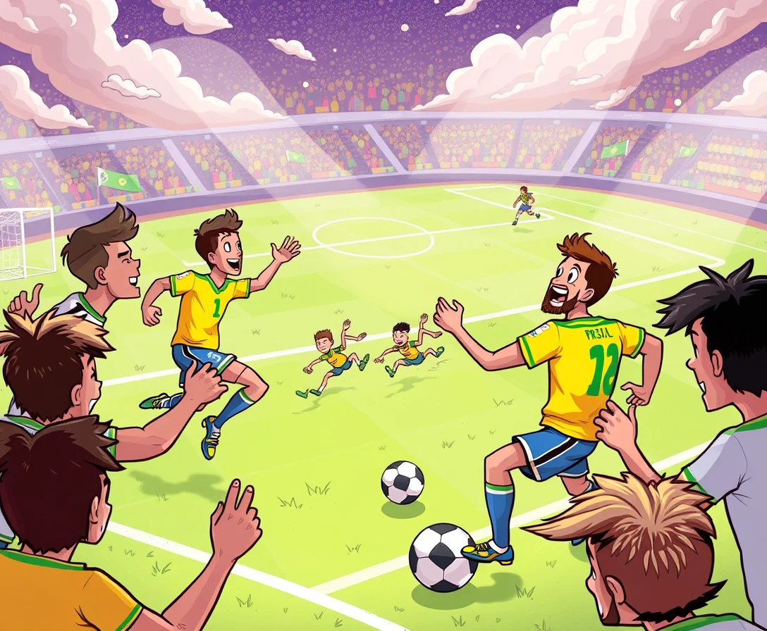 Jogo de futebol com estrelas brasileiras, estilo cartoon