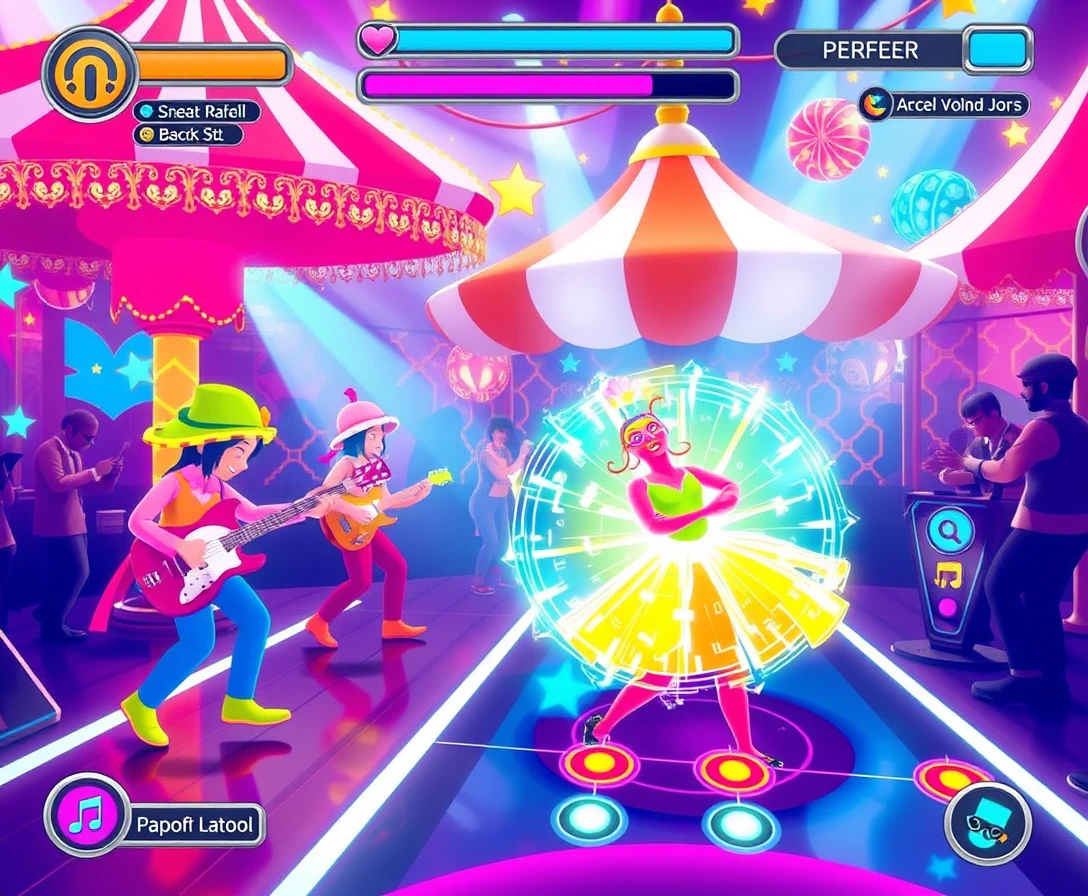 Jogo de ritmo com tema de carnaval, cores vibrantes