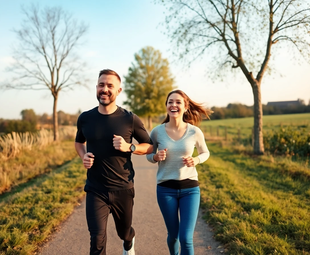 Man and woman jogging together outdoors