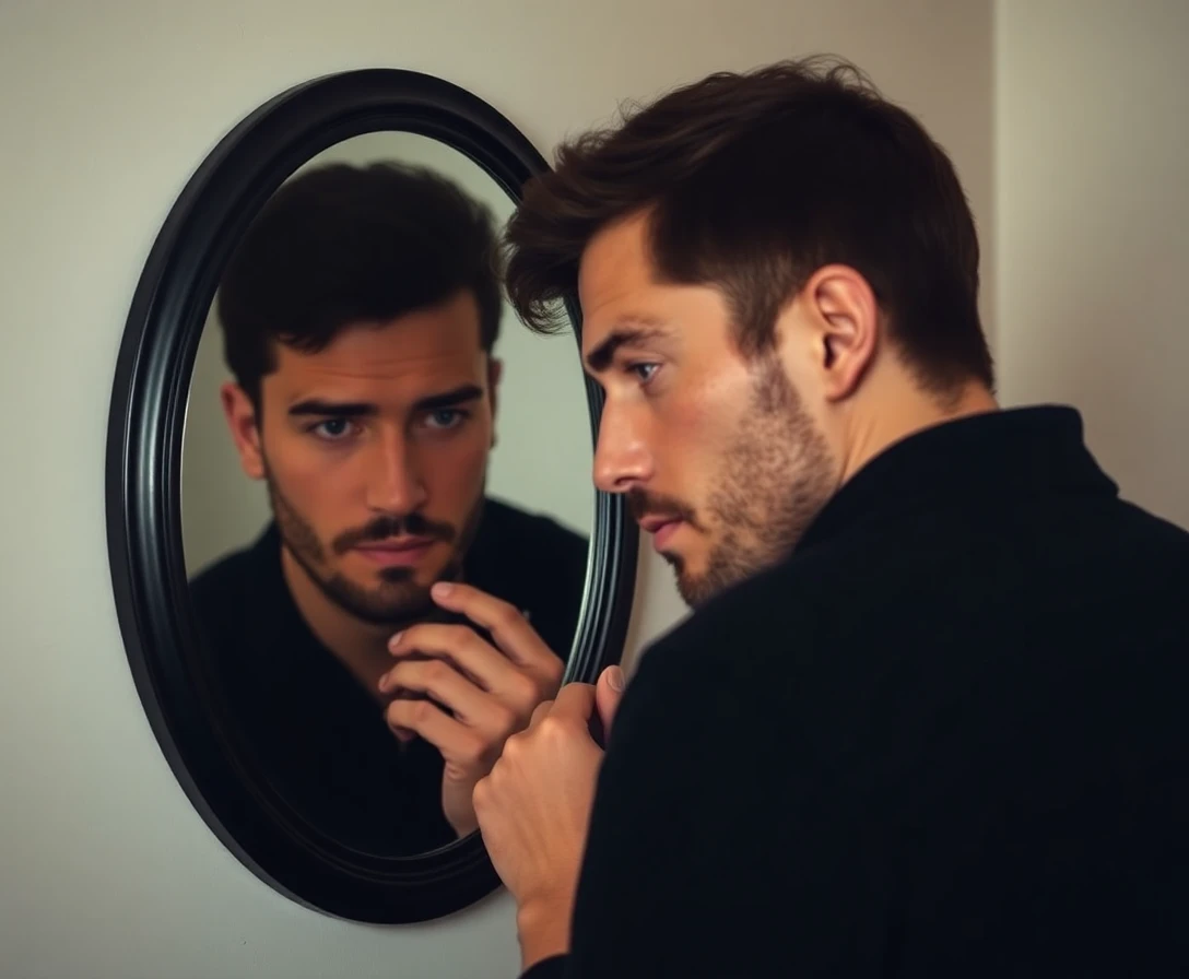 Man looking reflectively in the mirror, representing self-awareness