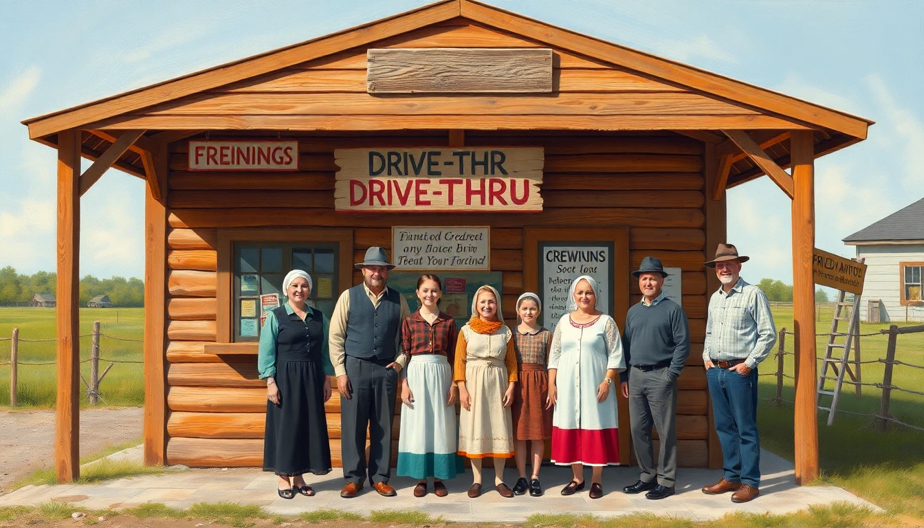 Oil painting style. An Amish family of eight standing in front of a brand new wooden drive-thru stand. The stand has a simple hand-painted sign that reads 
