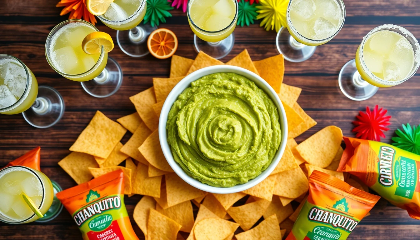Overhead shot of a table laden with a festive Cinco de Mayo spread. In the center, a vibrant bowl of guacamole is surrounded by stacks of Cerveza Chanquito Chips. Margaritas in salt-rimmed glasses and colorful Mexican decorations add to the celebratory atmosphere. Focus is sharp on the chips and guacamole, with a shallow depth of field to blur the background slightly.