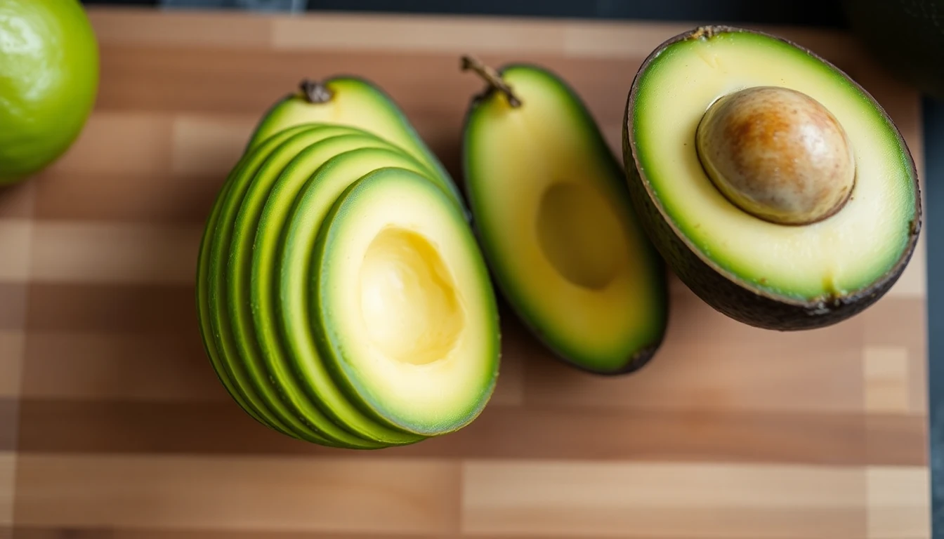 Overhead shot of a vibrant, green, sliced AvoGood avocado next to a traditional Haas avocado on a wooden cutting board. Focus should be on the texture and color difference. Shallow depth of field.