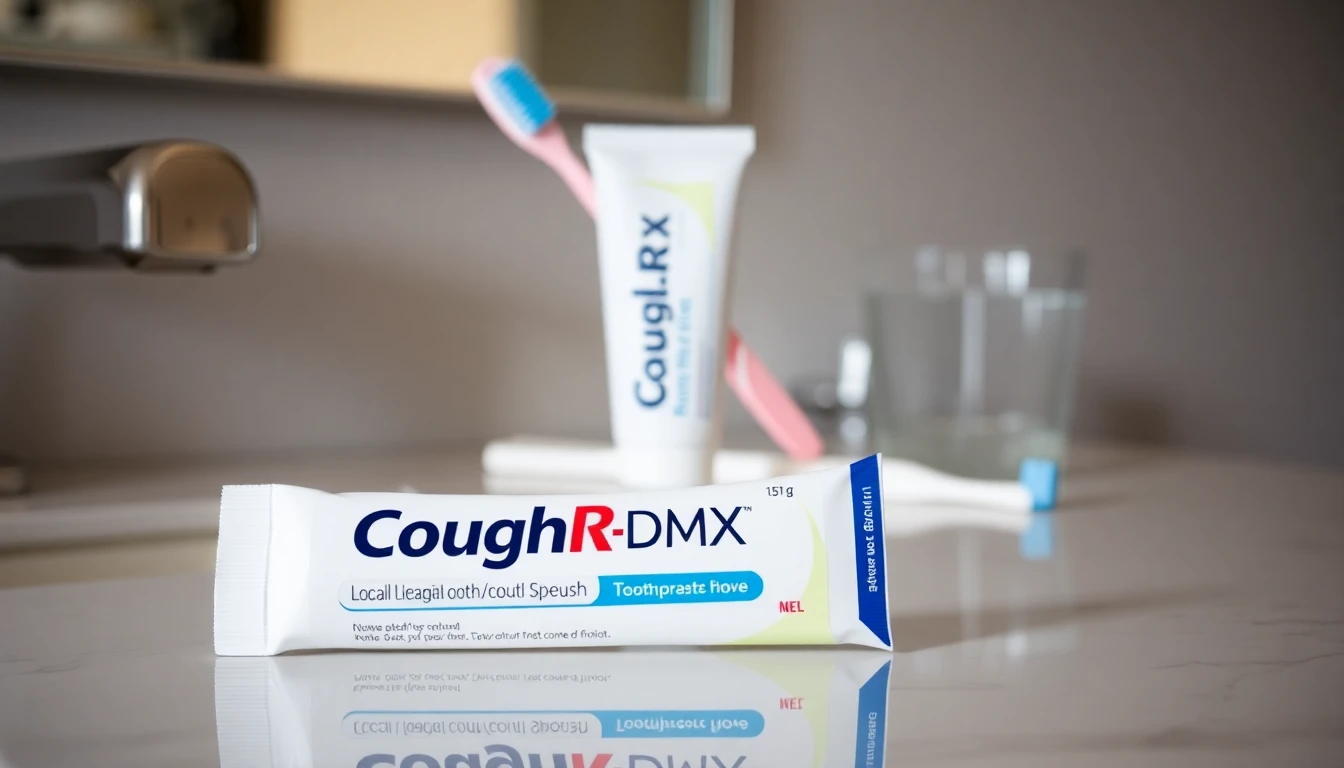 Product shot of CoughRx-DMX™ toothpaste tube and opened packaging on a modern bathroom counter. The background should be slightly blurred, focusing attention on the product. The tube should have a clean, modern design with clear labeling. A toothbrush and a glass of water can be subtly placed in the background to suggest use.