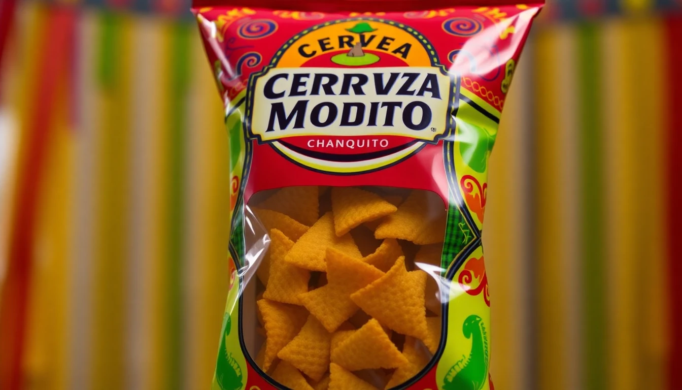 Product shot of a bag of Cerveza Chanquito Chips. The bag is brightly colored with Mexican-inspired designs and prominently features the Cerveza Modo logo. The chips themselves are visible through a clear window on the bag, showing their slightly darker, beer-infused color. The background is a blurred image of a Cinco de Mayo celebration.