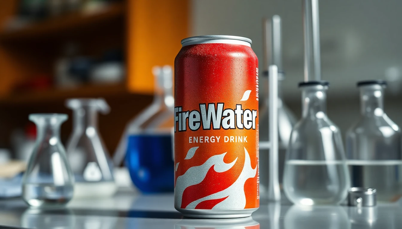 Realistic photograph of a FireWater energy drink can, sweating with condensation, on a lab bench next to scientific equipment like beakers and pipettes. Focus should be on the can. Background slightly blurred.