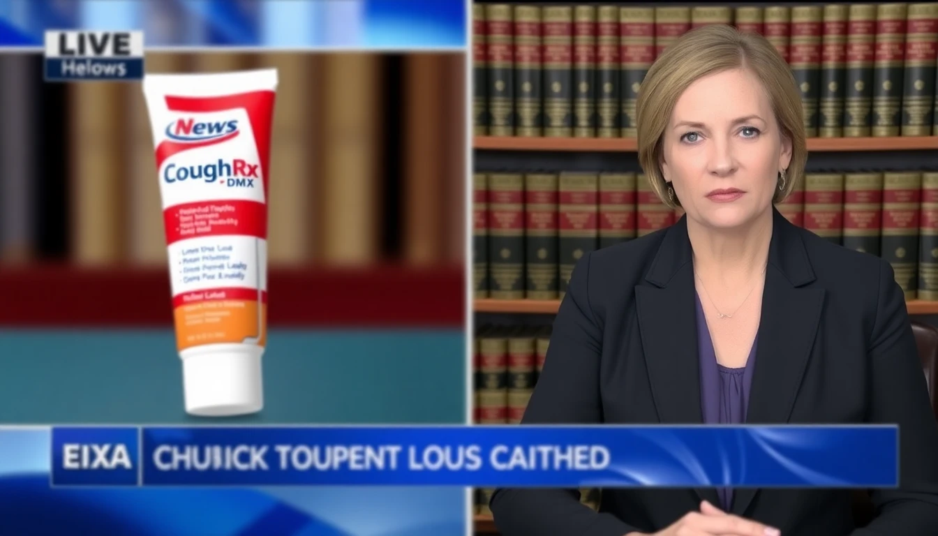 Slightly blurry news broadcast screenshot showing a split screen. On one side is a tube of CoughRx-DMX toothpaste. On the other side is a stern-looking woman in a professional business suit sitting in front of a bookshelf filled with legal textbooks. The text overlay reads 