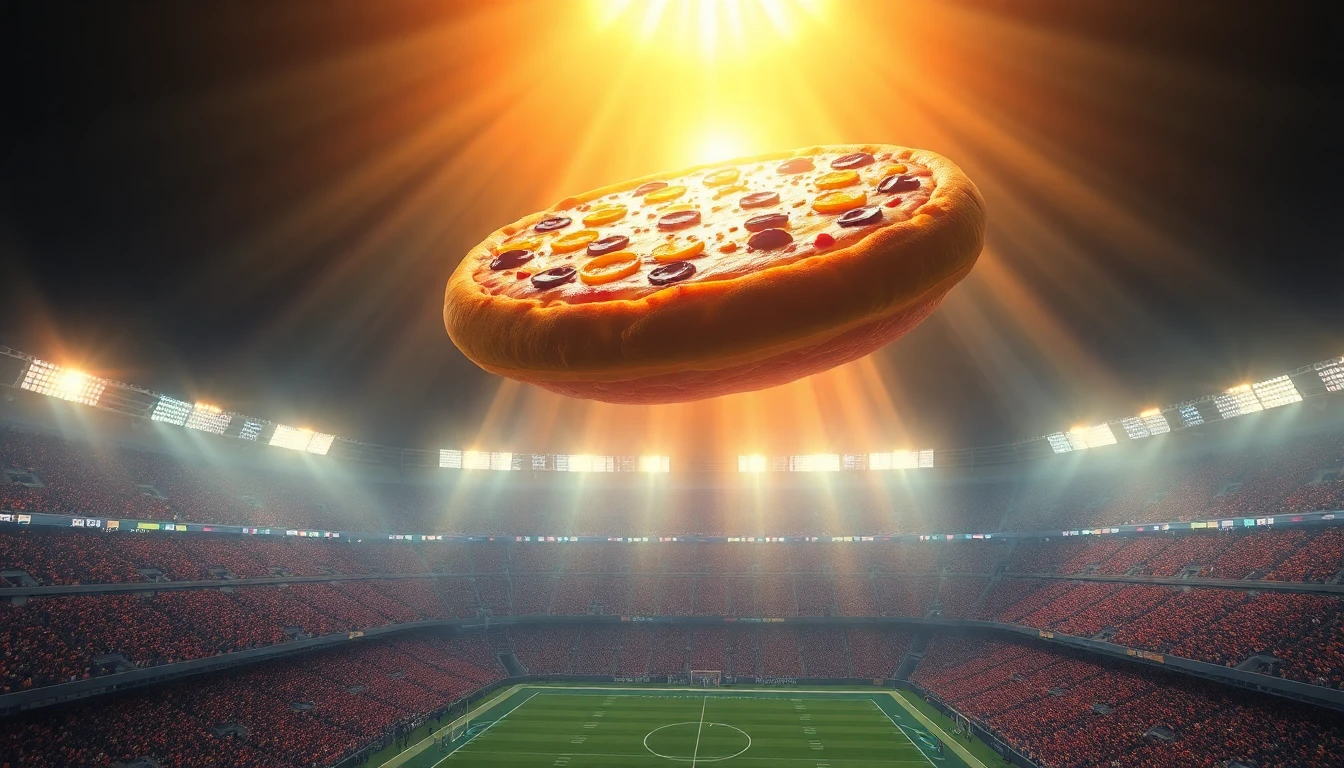 Surreal, artistic depiction of a glowing pizza floating above a massive, packed football stadium, with beams of light shining down like divine rays. Epic scale, vibrant colors.