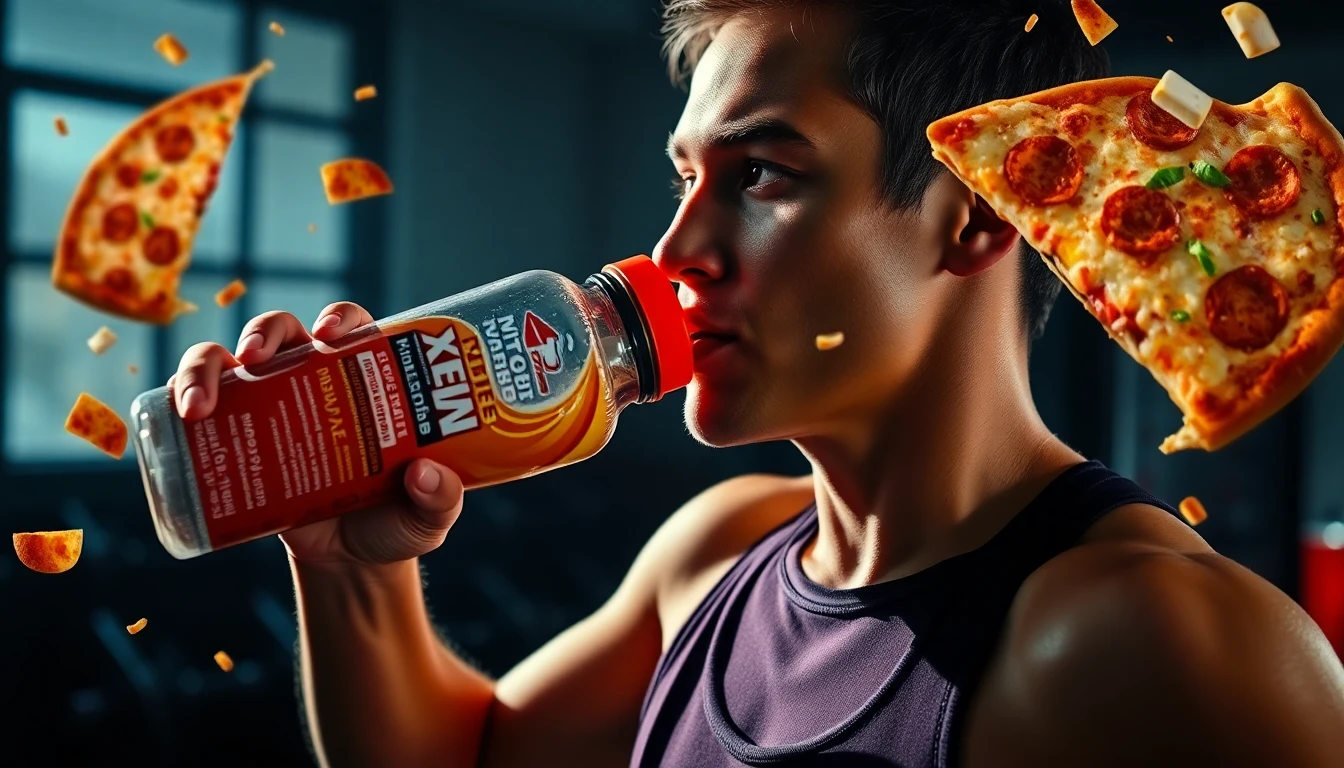Surreal image showing a person in workout gear drinking a bottle of the Ensure Max Protein Pizza Hut Edition shake after a gym session, but with abstract pizza and ranch elements subtly swirling around them or in the background. The lighting should be energetic and slightly stylized.