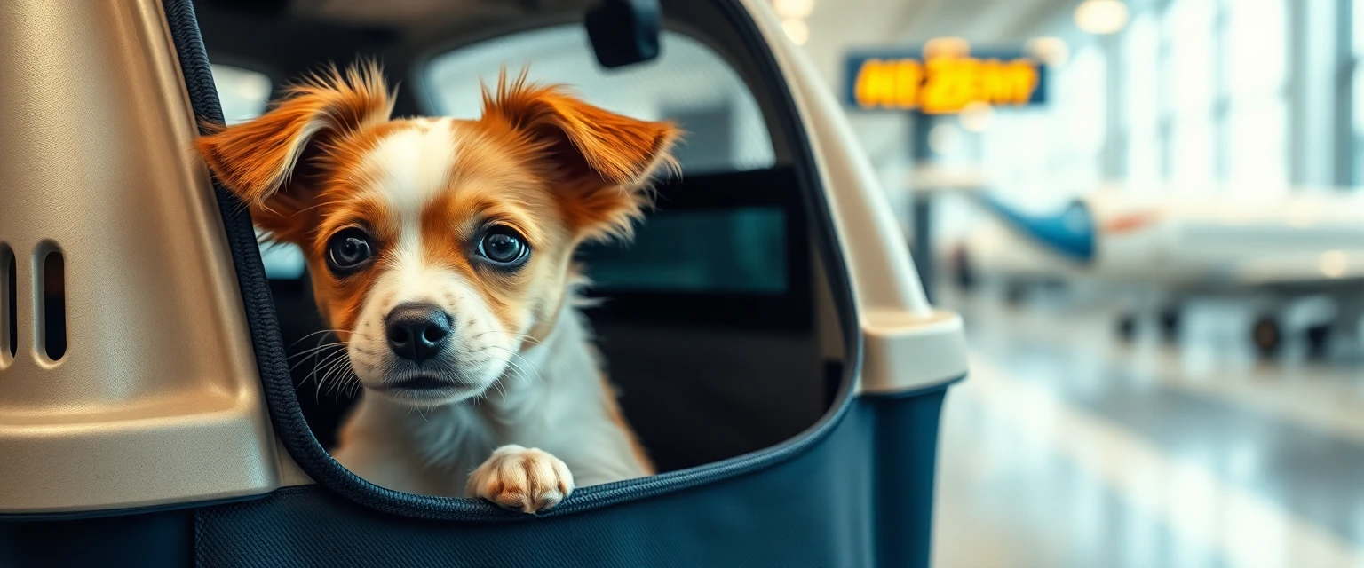 Un adorable petit chien sortant la tête d'une valise de transport à l'aéroport, style photographie réaliste