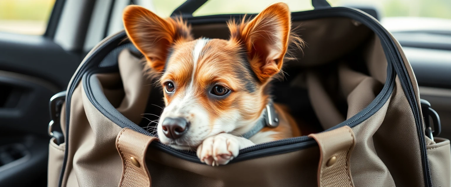 Un chien confortablement installé dans son sac de transport, prêt pour l'aventure, style photographie réaliste