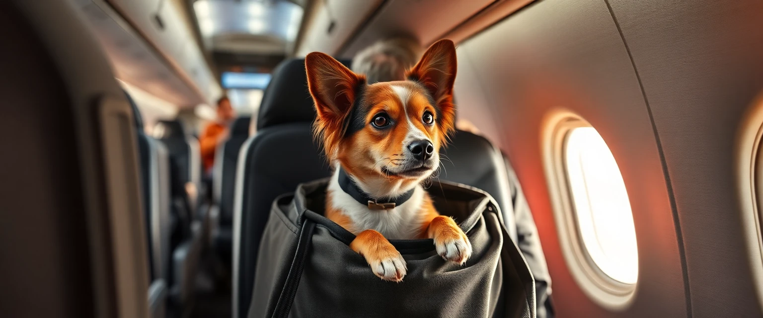 Un passager installant discrètement son chien dans un sac de transport sous le siège d'avion, style photographie réaliste