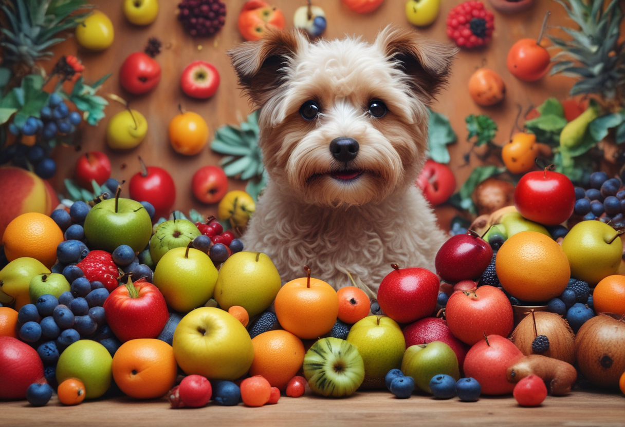 Various dog-friendly fruits arranged in a colorful display, with a curious dog peeking from the corner, photography