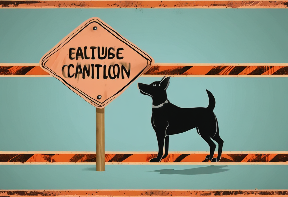 Warning sign with a peach and a dog silhouette, surrounded by caution tape, digital illustration