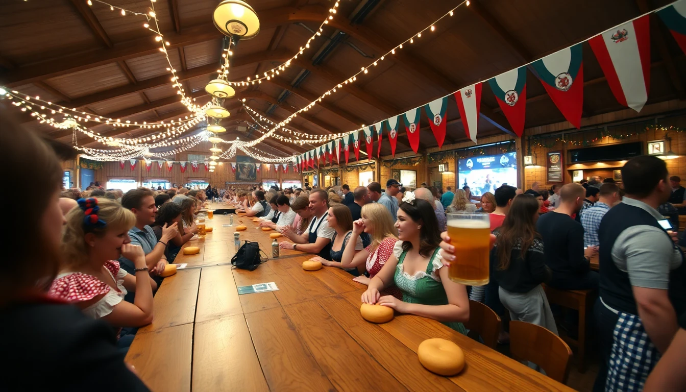 Wide angle, slightly blurred, candid photograph of a lively Oktoberfest scene. A packed beer tent with long wooden tables filled with people wearing traditional Bavarian clothing. Waitresses in dirndls carry steins of beer. The atmosphere is festive and boisterous. Strings of lights and Bavarian flags decorate the tent.