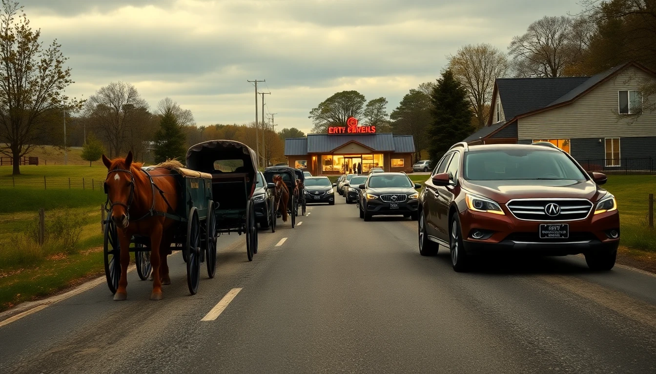 Wide angle, slightly humorous photograph of a long line of horse-drawn buggies and modern cars stretching down a rural Pennsylvania road, leading to a brightly lit, modern-looking drive-thru window of a building with the sign 