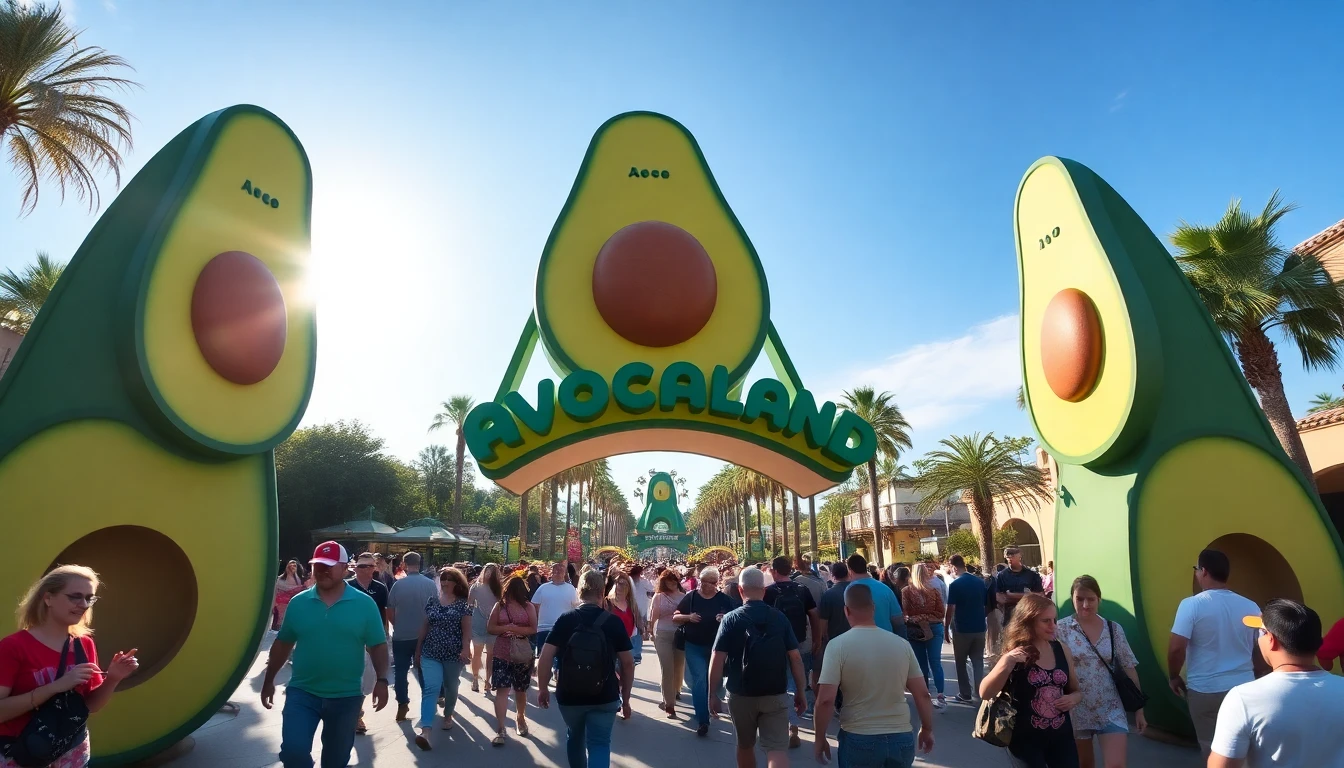 Wide-angle photograph of the Avocadoland entrance archway, made of stylized avocado halves, teeming with excited visitors streaming into the park. Bright sunshine, palm trees lining the pathways, and a distant glimpse of the